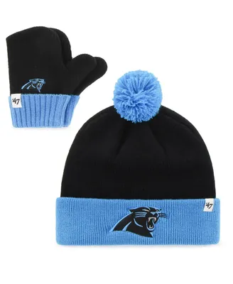 Infant Unisex '47 Black, Blue Carolina Panthers Bam Bam Cuffed Knit Hat with Pom and Mittens Set