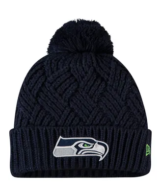 Big Girls New Era College Navy Seattle Seahawks Brisk Cuffed Knit Hat with Pom