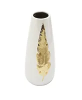 Tall Leaf Design Vase, 16" H - White, Gold
