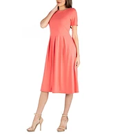 24seven Comfort Apparel Midi Dress with Short Sleeves and Pocket Detail