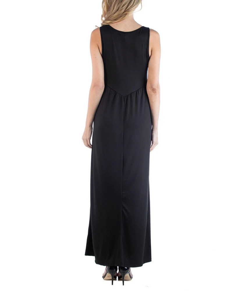 24seven Comfort Apparel Women's Sleeveless V-Neck Maxi Dress with Pocket Detail