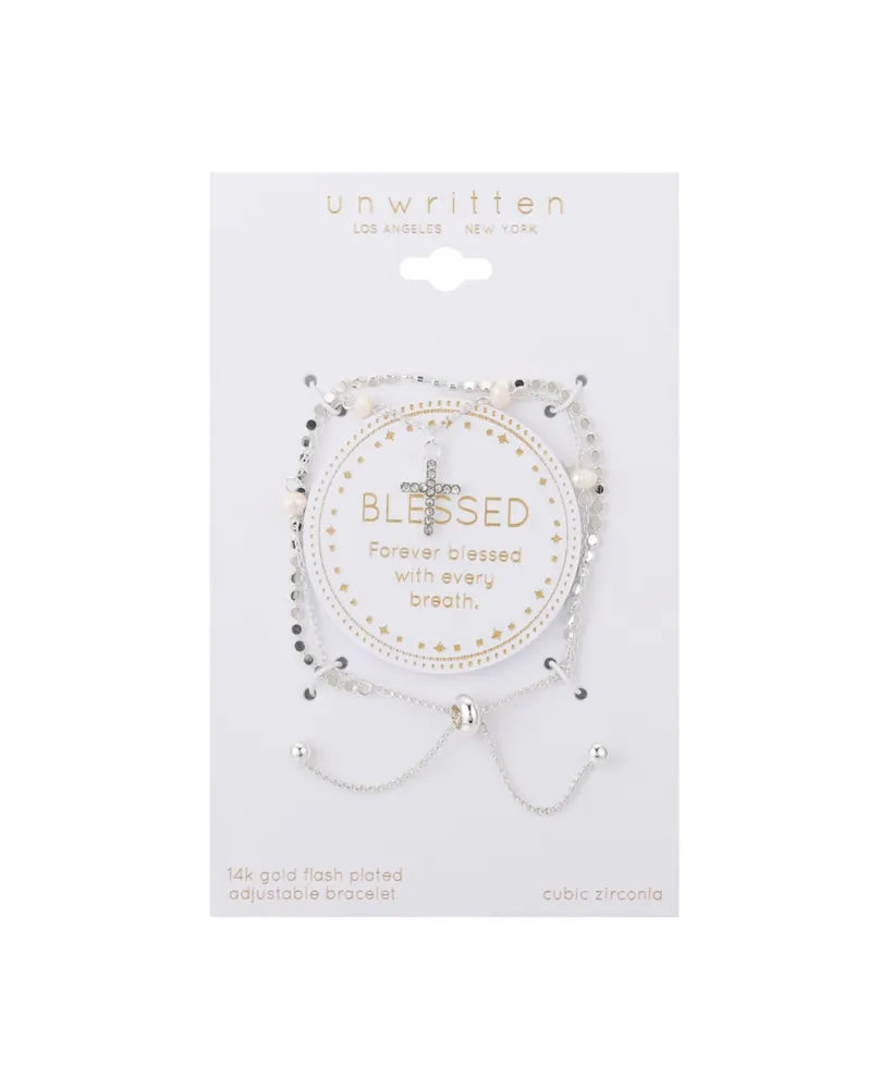 Unwritten Fine Silver Plated Crystal Cross and Genuine Pearl Double Strand Bolo Bracelet - Silver