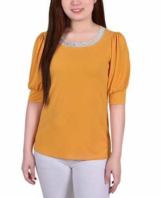Women's Short Beaded Puff Sleeve Top