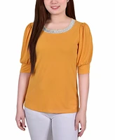 Women's Short Beaded Puff Sleeve Top