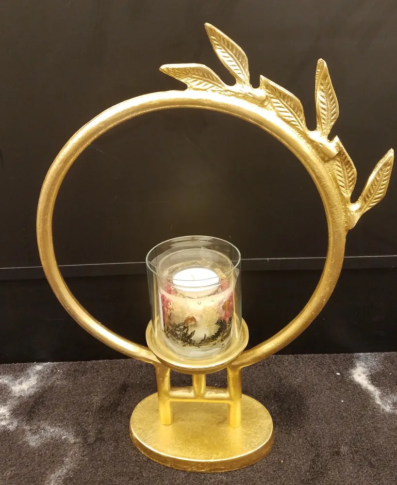 Geometric Circle Hurricane Candle Holder Leaf Design, Large - Gold