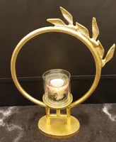Geometric Circle Hurricane Candle Holder Leaf Design, Large - Gold