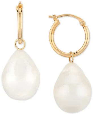 Cultured Freshwater Baroque Pearl (12mm) Dangle Hoop Earrings in 14k Gold