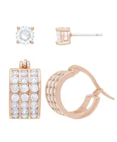 Women's 14k Rose Gold Plated Cubic Zirconia Row Hoop Earrings Set, 4 Pieces