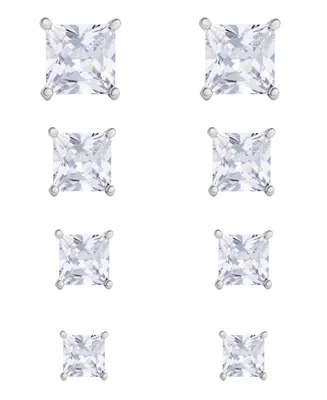 Women's Fine Silver Plated Square Cubic Zirconia Stud Earrings Set, 8 Pieces