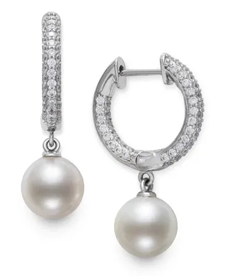 Belle de Mer Cultured Freshwater Pearl (7mm) & Cubic Zirconia Dangle Huggie Hoop Earrings in Sterling Silver, Created for Macy's