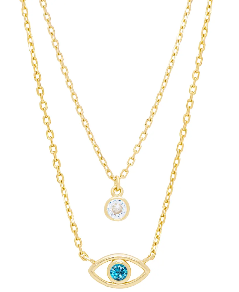 Blue Topaz (1/4 ct. t.w.) & Cubic Zirconia Evil Eye & Solitaire Layered Necklace in 14k Gold-Plated Sterling Silver, 13-1/2" + 2" extender