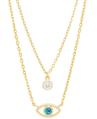 Blue Topaz (1/4 ct. t.w.) & Cubic Zirconia Evil Eye & Solitaire Layered Necklace in 14k Gold-Plated Sterling Silver, 13-1/2" + 2" extender