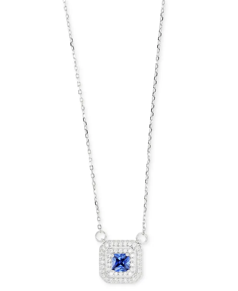 Cubic Zirconia Square Halo 18" Pendant Necklace in Sterling Silver