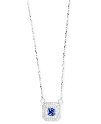Cubic Zirconia Square Halo 18" Pendant Necklace in Sterling Silver