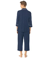 Lauren Ralph Womens 3/4 Sleeve Cotton Notch Collar Capri Pant Pajama Set