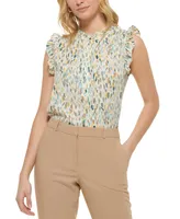 Dkny Petite Sleeveless Ruffled Printed Blouse, Created for Macy's