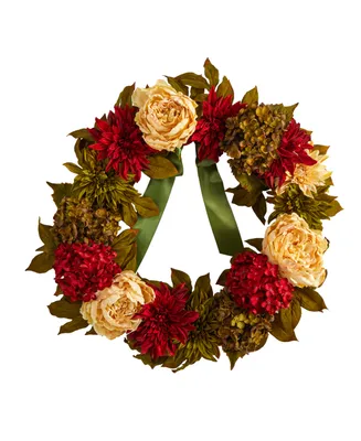Peony, Dahlia and Hydrangea Artificial Wreath, 24"
