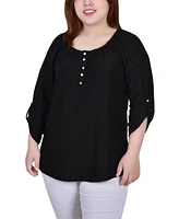 Plus 3/4 Sleeve Honeycomb Henley Top