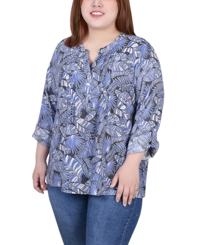 Plus 3/4 Roll Tab Sleeve Blouse Top