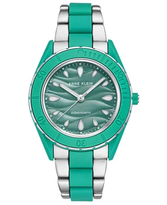 Anne Klein Women's Silver-Tone and Pastel Green Solar Ocean Work Plastic Bracelet Watch, 38.5mm