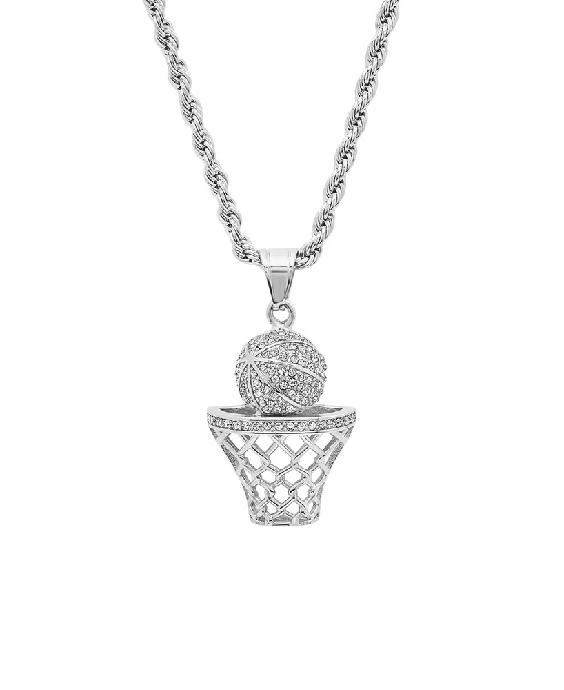 Steeltime Men's Stainless Steel Simulated Diamond Basketball and Hoop Pendant - Silver