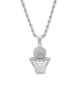 Steeltime Men's Stainless Steel Simulated Diamond Basketball and Hoop Pendant - Silver