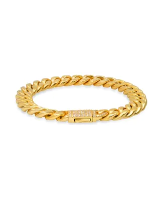Steeltime Men's 18k Gold Plated Stainless Steel Thick Cuban Link Chain Bracelet with Simulated Diamonds Clasp