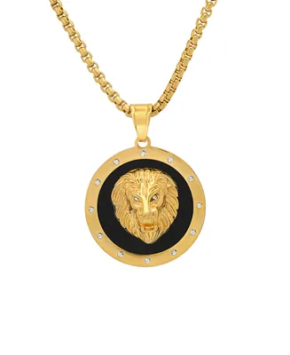 Steeltime Men's 18k Gold Plated Stainless Steel, Black Enamel and Simulated Diamonds Lion Head Round Pendant