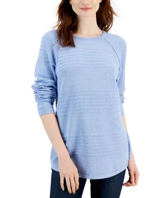 Karen Scott Women's Cotton Textured-Stripe Raglan-Sleeve Sweater, Created for Macy's