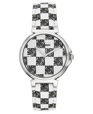 Steve Madden Women's Dual Colored and White Polyurethane Leather Strap with Steve Madden Logo in Checkered Pattern and Stitching Watch