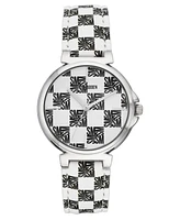 Steve Madden Women's Dual Colored and White Polyurethane Leather Strap with Steve Madden Logo in Checkered Pattern and Stitching Watch