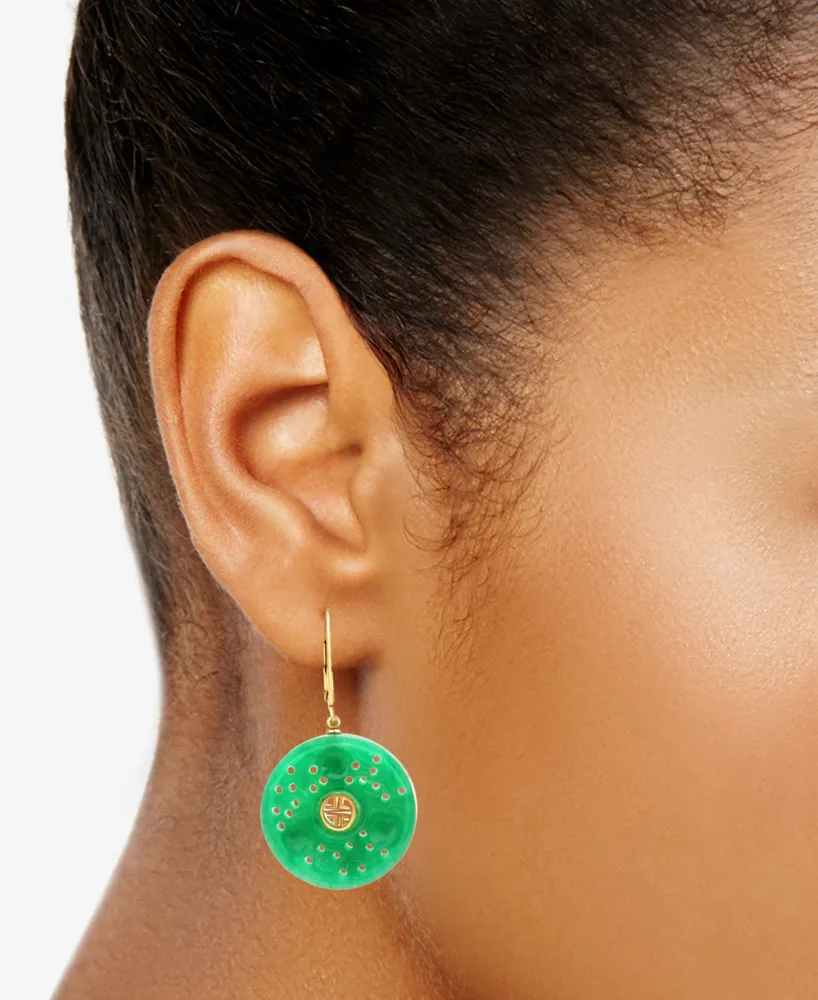 Dyed Green Jade Disc Leverback Drop Earrings in 14k Gold-Plated Sterling Silver