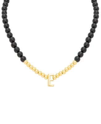 Onyx & Polished Gold Bead Initial 18" Pendant Necklace in 14k Gold-Plated Sterling Silver