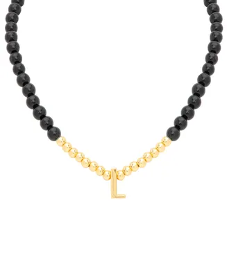 Onyx & Polished Gold Bead Initial 18" Pendant Necklace in 14k Gold-Plated Sterling Silver