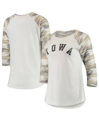 Women's White and Camo Iowa Hawkeyes Boyfriend Baseball Raglan 3/4-Sleeve T-shirt