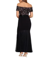 Betsy & Adam Petite Lace-Top Off-The-Shoulder Gown