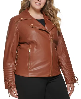 Guess Women's Plus Faux-Leather Asymmetric Moto Coat