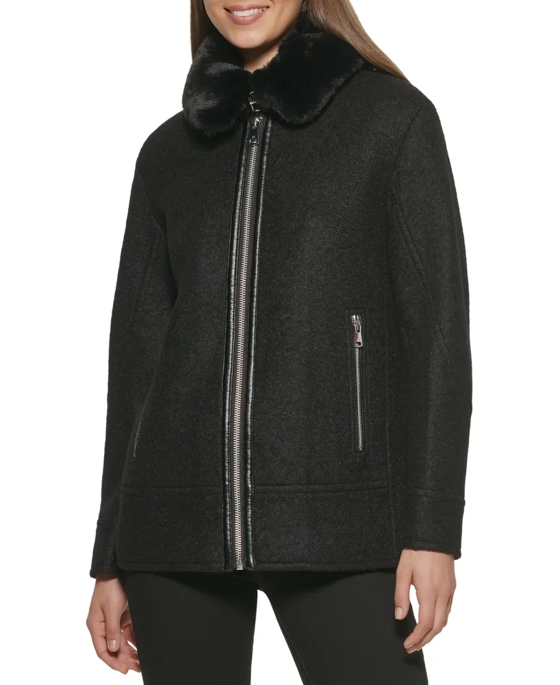 Kenneth Cole Women's Faux-Fur-Collar Moto Coat