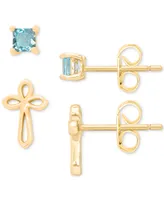 2-Pc. Set Blue Topaz Solitaire (3/8 ct. t.w.) & Cross Stud Earrings in 14k Gold-Plated Sterling Silver