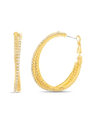 kensie Rhinestone Textured Hoop Earrings - Yellow Gold