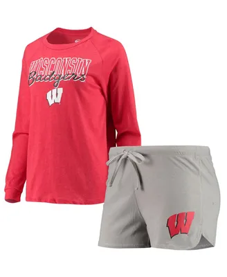 Women's Concepts Sport Heathered Red, Gray Wisconsin Badgers Raglan Long Sleeve T-shirt and Shorts Sleep Set