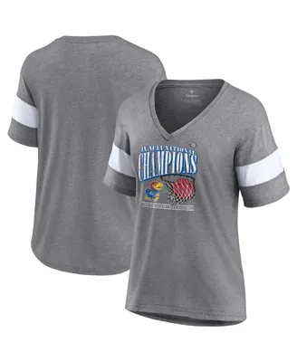 Women's Fanatics Heathered Gray Kansas Jayhawks 2022 Ncaa Men's Basketball National Champions Press Vintage-Like V-Neck T-shirt