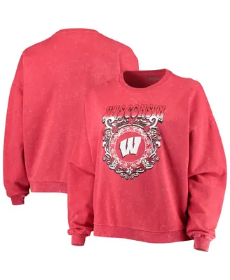 Women's ZooZatz Red Wisconsin Badgers Garment Wash Oversized Vintage-Like Pullover Sweatshirt