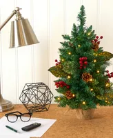 Pine, Pinecone and Berries Artificial Christmas Tree with Lights and Bendable Branches, 24"