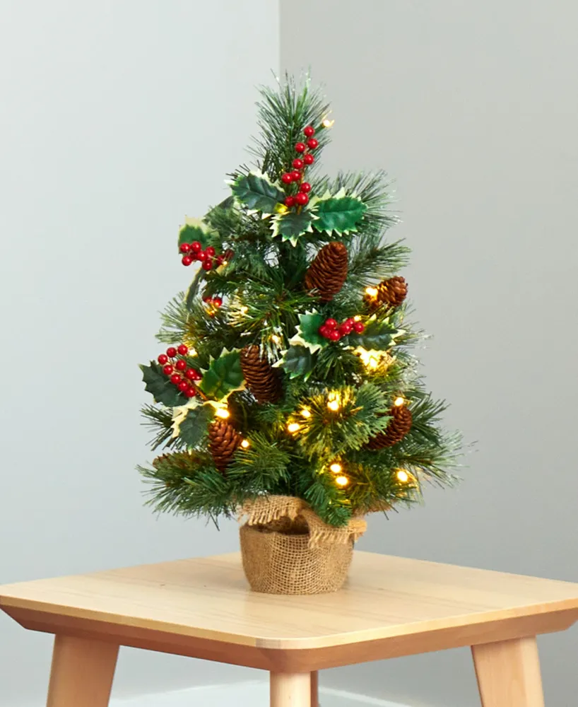 Mixed Pine Artificial Christmas Tree with Holly Berries, Pinecones Lights and Burlap Base, 18"