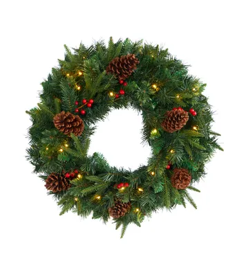 Mixed Pine Artificial Christmas Wreath with Lights and Berries, 24"