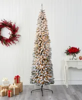 Flocked Pencil Artificial Christmas Tree with Lights and Bendable Branches