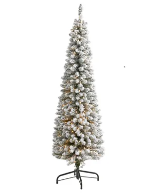 Flocked Pencil Artificial Christmas Tree with Lights and Bendable Branches, 72"