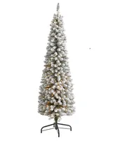 Flocked Pencil Artificial Christmas Tree with Lights and Bendable Branches, 72"