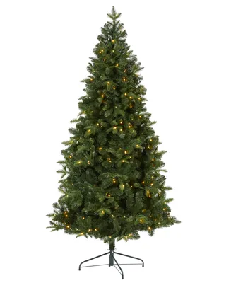 Grand Teton Spruce Flat Back Artificial Christmas Tree with Lights and Bendable Branches, 84"